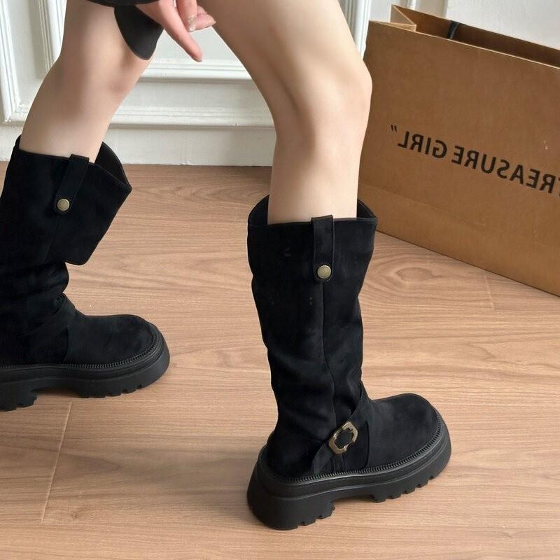 Retro Maillard suede boots women's new autumn western cowboy boots thick-soled heightened and thin boots