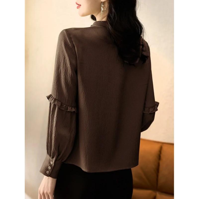 Women's Spring Autumn Solid Color Stand Collar Pleated Lace Basic Shirt Ruffles Spliced Commuter Blouse