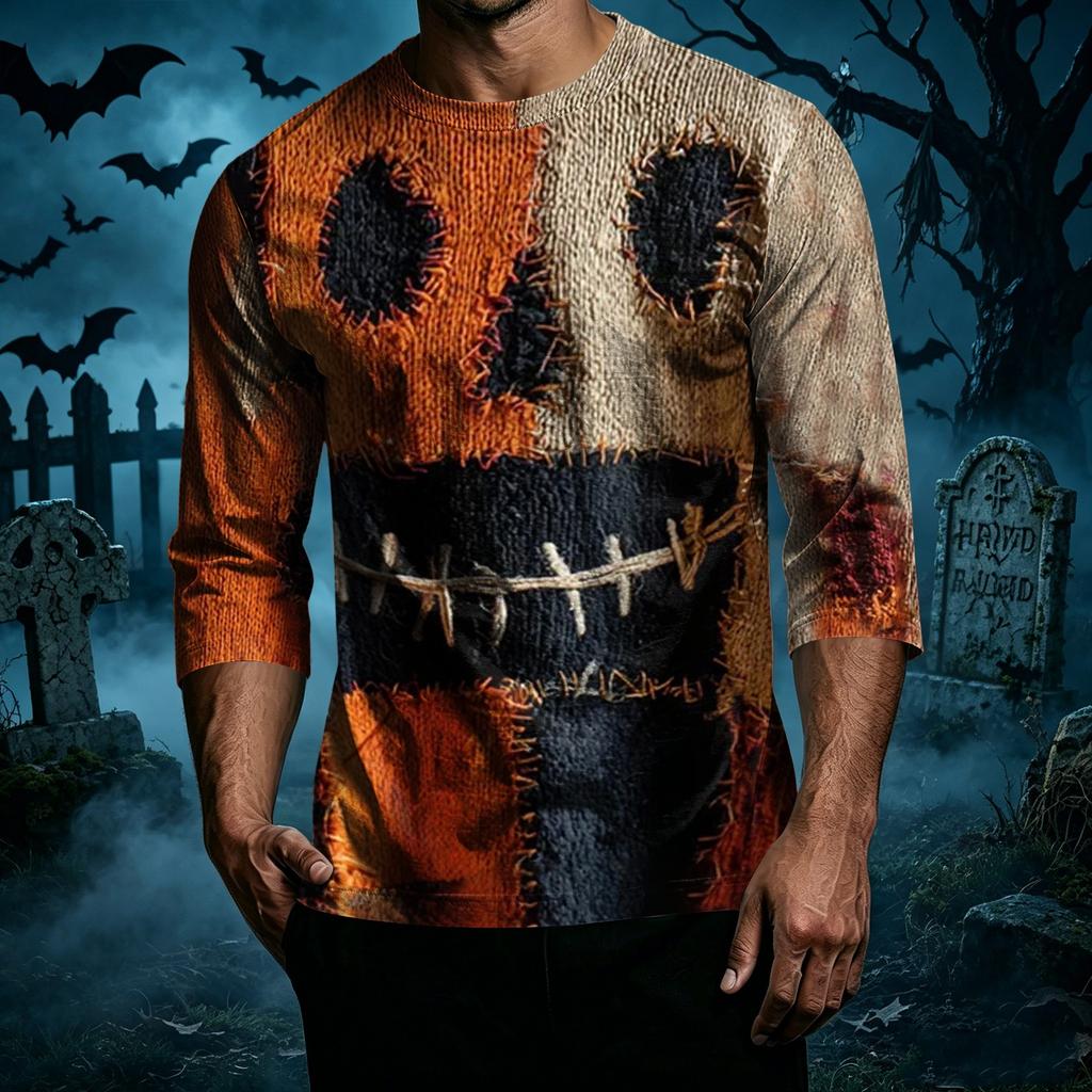 Men Casual Halloween Print Crew Neck T Shirt Three Quarter Sleeve Top Patchwork Style Comfortable Fit Lightweight Fabric