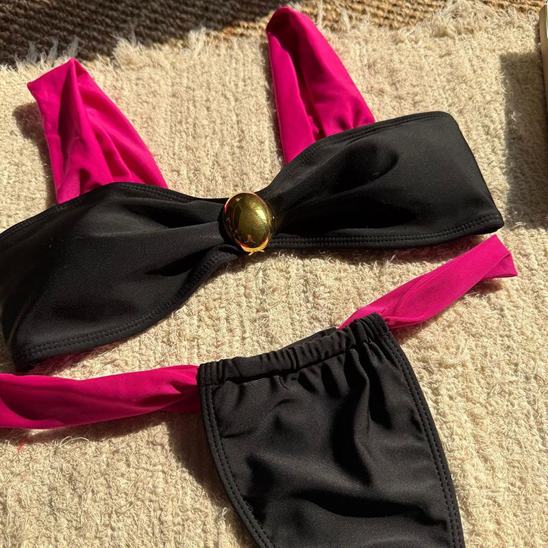 Color Block High Waist Bikini Set Cover Up Swimsuit For Women Push Up Ruffle Three Pieces Swimwear Beach Bathing Suits