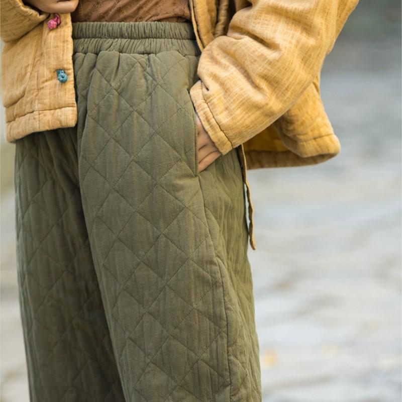 Johnature Pantaloni ocazional pentru femei, din bumbac cald, toamnă iarnă, talie elastică, culoare solidă, buzunare groase, pantaloni vintage, cu flori