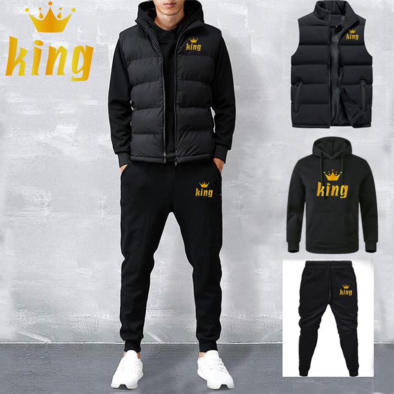 Men Women Spring and Autumn Solid Color Printed Hoodie 3 Piece Set Couple Hoodie + Vest + Pants Sportswear Set