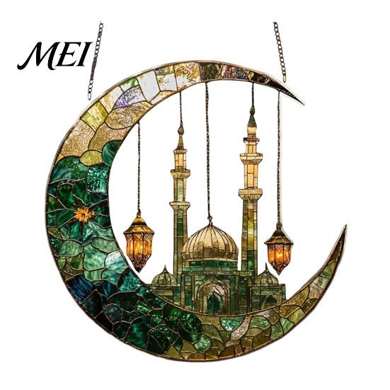 Colorful Glass Suncatcher 2D Acrylic Star Moon Lantern Suncatcher, Crescent Window Hanging Ornament Decoration for Home, Patio, Garden, Ramadan Decor,