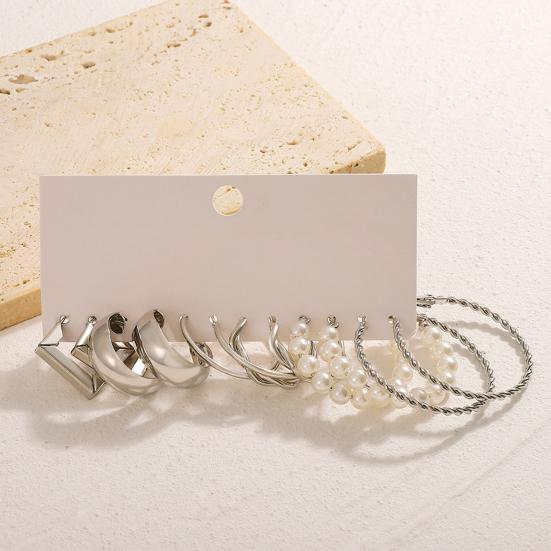 Yousheng 6 Pairs Women Hoop Earrings Simple Geometric C-shaped Twisted Faux Pearl Assorted Earrings Fashion Accessories Gift