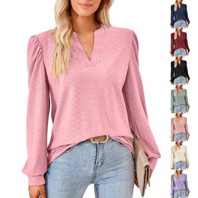 Women's Casual Solid Color V-Neck Long Sleeve Loose T-Shirt Pullover Top