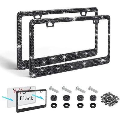 Bling Crystal License Plate Frame Luxury Car Frame Plate with Button Diamond Car License Plate Frame Cover for Women