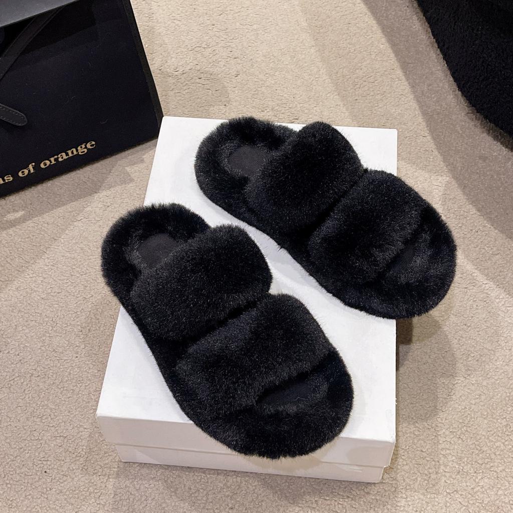 Dicke Sohle flauschige Hausschuhe Damen 2024 neu Feenstil Mode Temperament Ein-Wort-Schlepp Designgefühl Flache Sohle Schlepp Tide