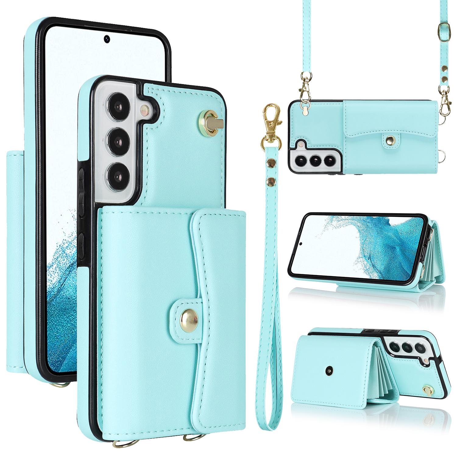 

For Samsung Galaxy S22 5G Card Slots Phone Shell PU Leather+TPU Phone Case Kickstand Cover with Short+Long Straps Blue