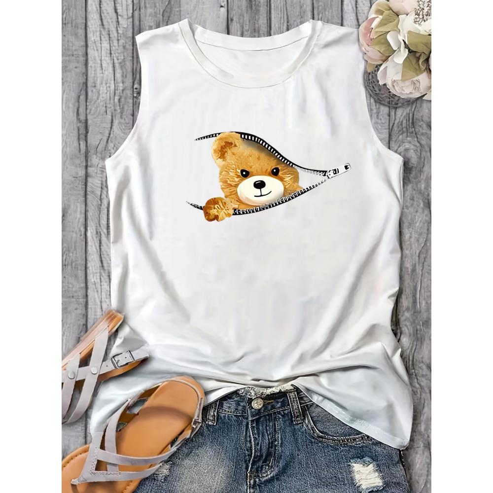 

Свободная футболка без рукавов с большим повседневным круглым вырезом и летним мультяшным принтом медведя, подходит для женщин 5XL