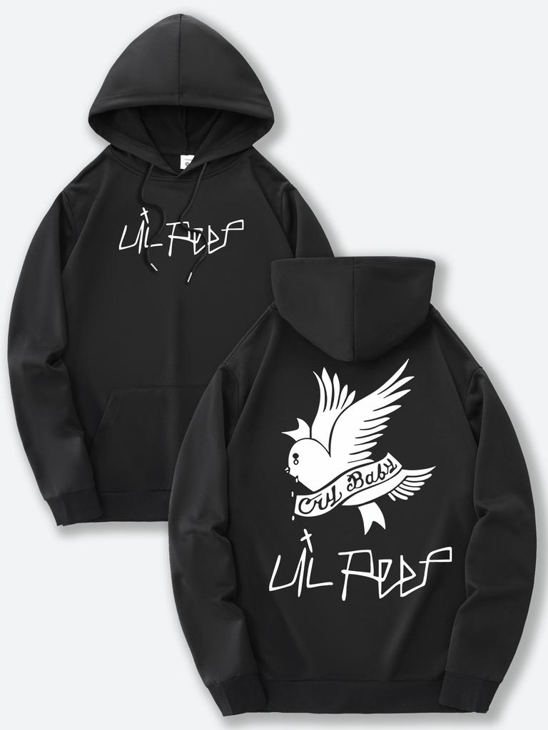 Schwarzes Herren-Kapuzensweatshirt mit Prints vorne und hinten und einer verstellbaren Kapuze mit Kordelzug, perfekt für alle Jahreszeiten.