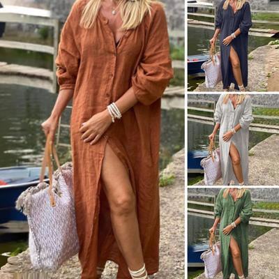 Camicia lunga da donna, girocollo, manica lunga, monopetto, tinta unita