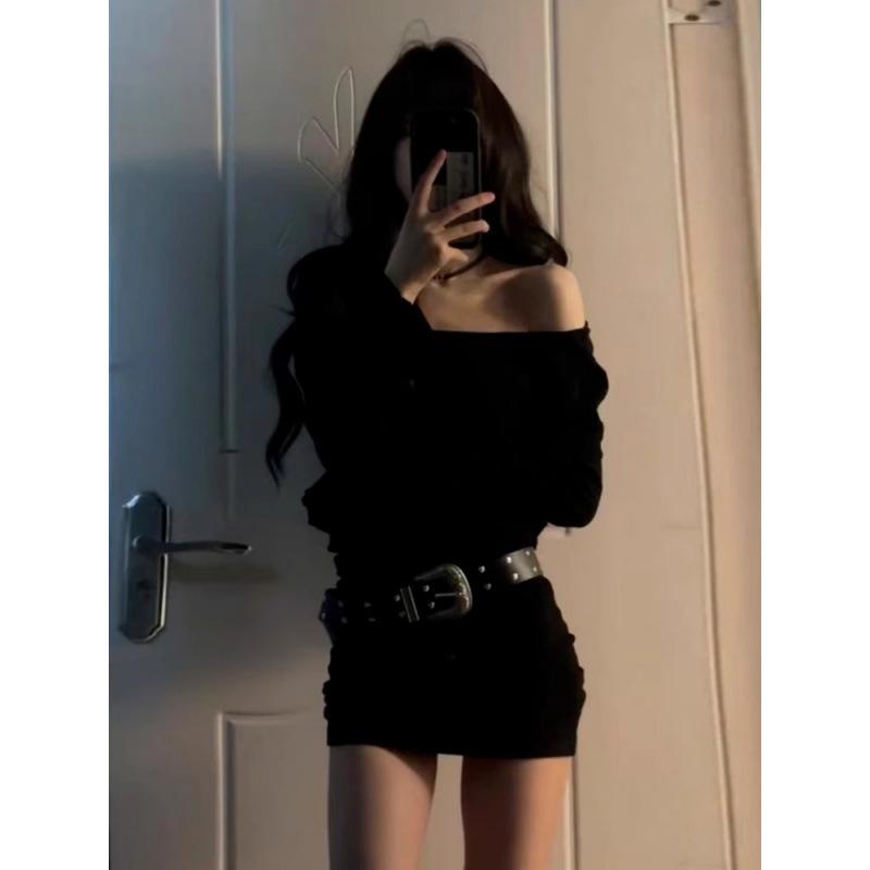 

Y2K One-Shoulder Black Knit Dress: Sexy Autumn/Winter Bodycon Mini for Mature Women M