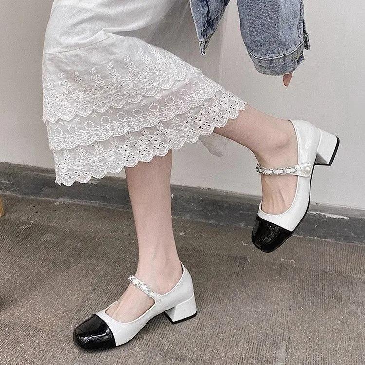 Fashion 2025 Spring New Women's Mary Jane High Heels Autumn French Retro Style Colorblocked Thick Heel Round Toe Single Shoes for Women