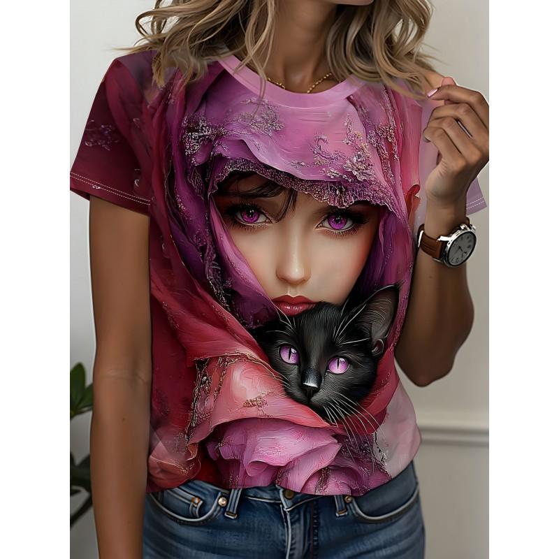 Womens Slim Fit Short Sleeve T-Shirt With 3D Cartoon Animal Print Digital Printing Casual Top
