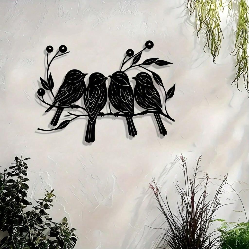 Vintage Iron Bird Branch Wall Art, 5 Birds & Berries Black Silhouette for Home Garden Balcony Decor