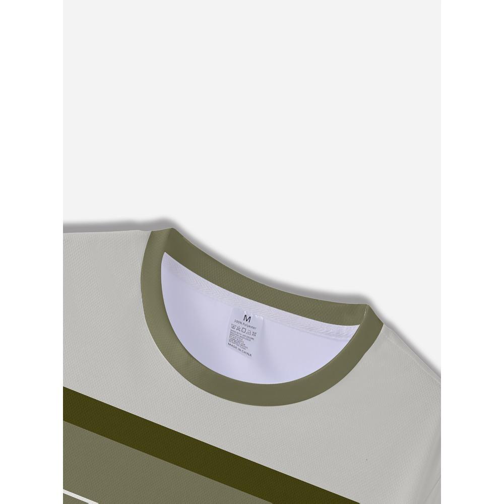 Men's Fashion Striped Patchwork 3D Print Short Sleeve - Casual Round-neck Stripes Design, Machine Washable, Suitable for All Seasons and Versatile
