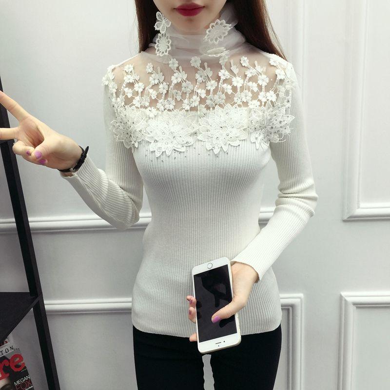 Korean Version High Neck Pullover Sweater with Women's Lace Splicing Hollowed Out Slim Fit Long Sleeved Knitted Base Sweater