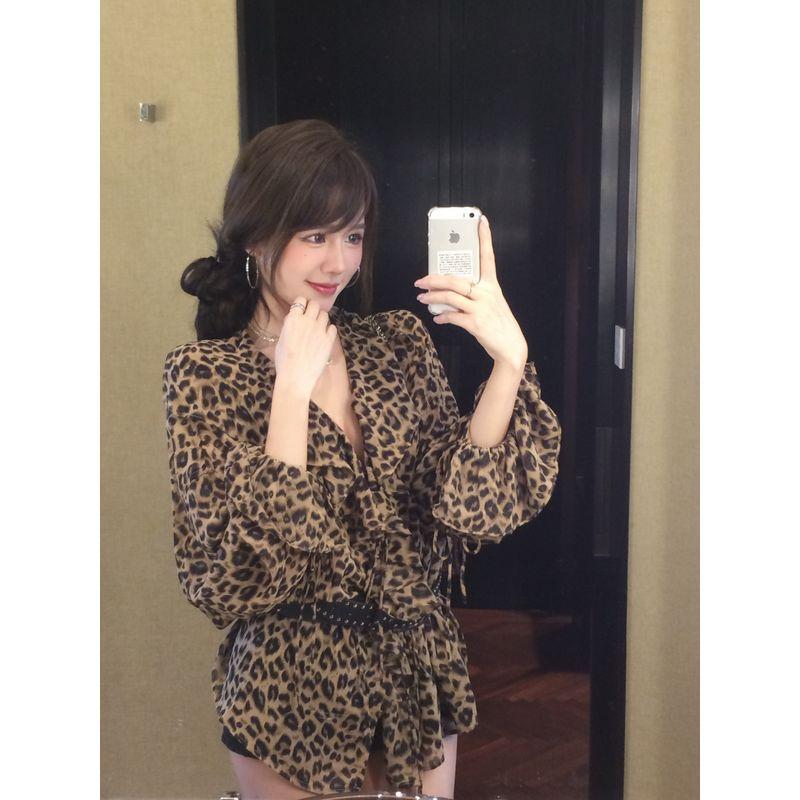 

Kumikumi Gyaru Style Retro Leopard Print Frill Long sleeve Shirts Women clothes Early Autumn Loose Slimming Versatile Top Leopard print L