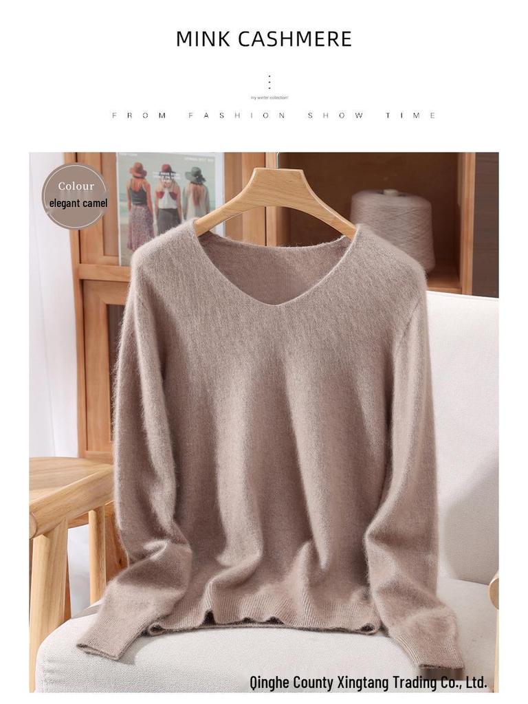 Damen Schlank geschnittener V-Ausschnitt Nerz Kaschmir Pullover, Große Größen, Herbst/Winter Pullover