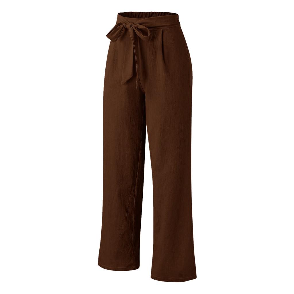 Women's Loose Pocket Wide Leg Pants Casual Button Elastic Waist Cotton Linen Loose Wide Leg Pants