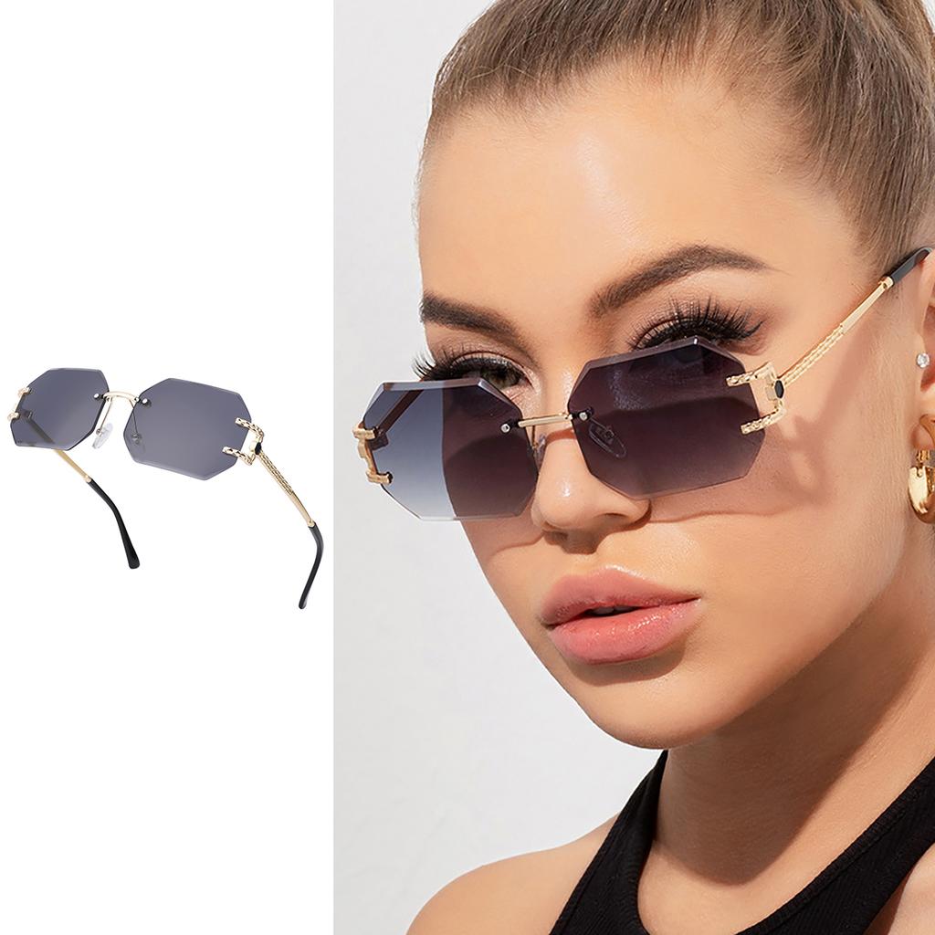 Fashion Sunglasses for Women Men- Octagon Frameless Sun Glasses Black Shade Polygon Tinted Eyewear