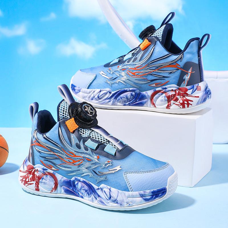 Children's Sports Shoes 2025 New Summer Boys Button Basketball Shoes Mesh Breathable Soft-soled Running Shoes