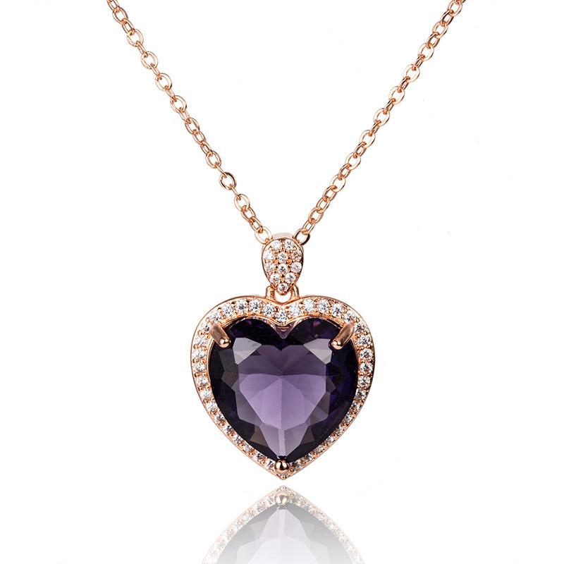 Purple Crystal Amethyst Gemstones Diamonds Heart Pendant Necklaces for Women Rose Gold Filled Jewelry Gifts New