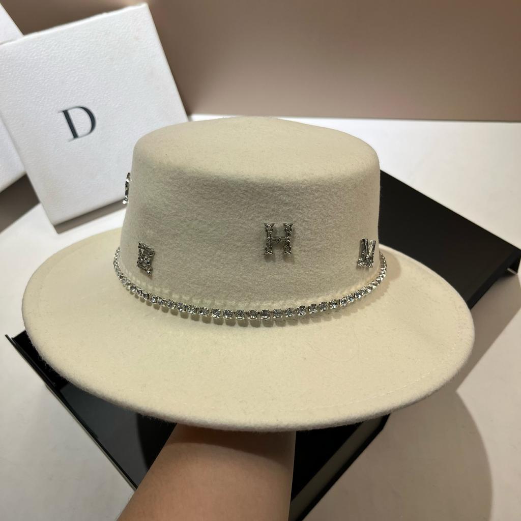 French Hepburn Pure Wool Rhinestone Top Hat Autumn And Winter New Light Luxury Celebrity Style Elegant Letter Wide Brim Flat Top Hat Women