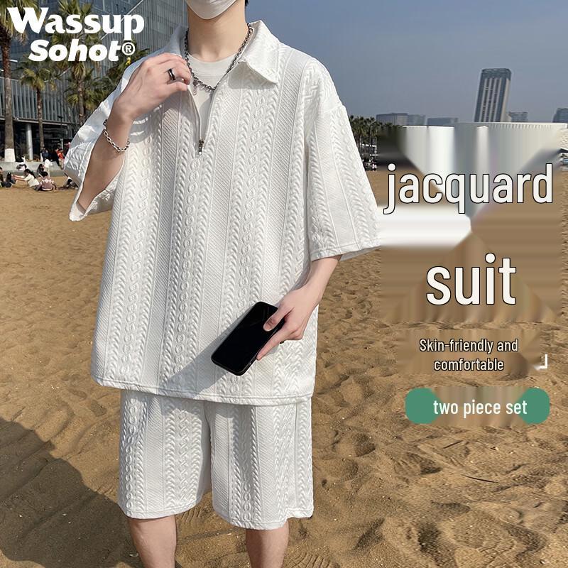 Wassup Sohot Men s Waffle Knit Half-Zip Polo & Shorts Set 4XL