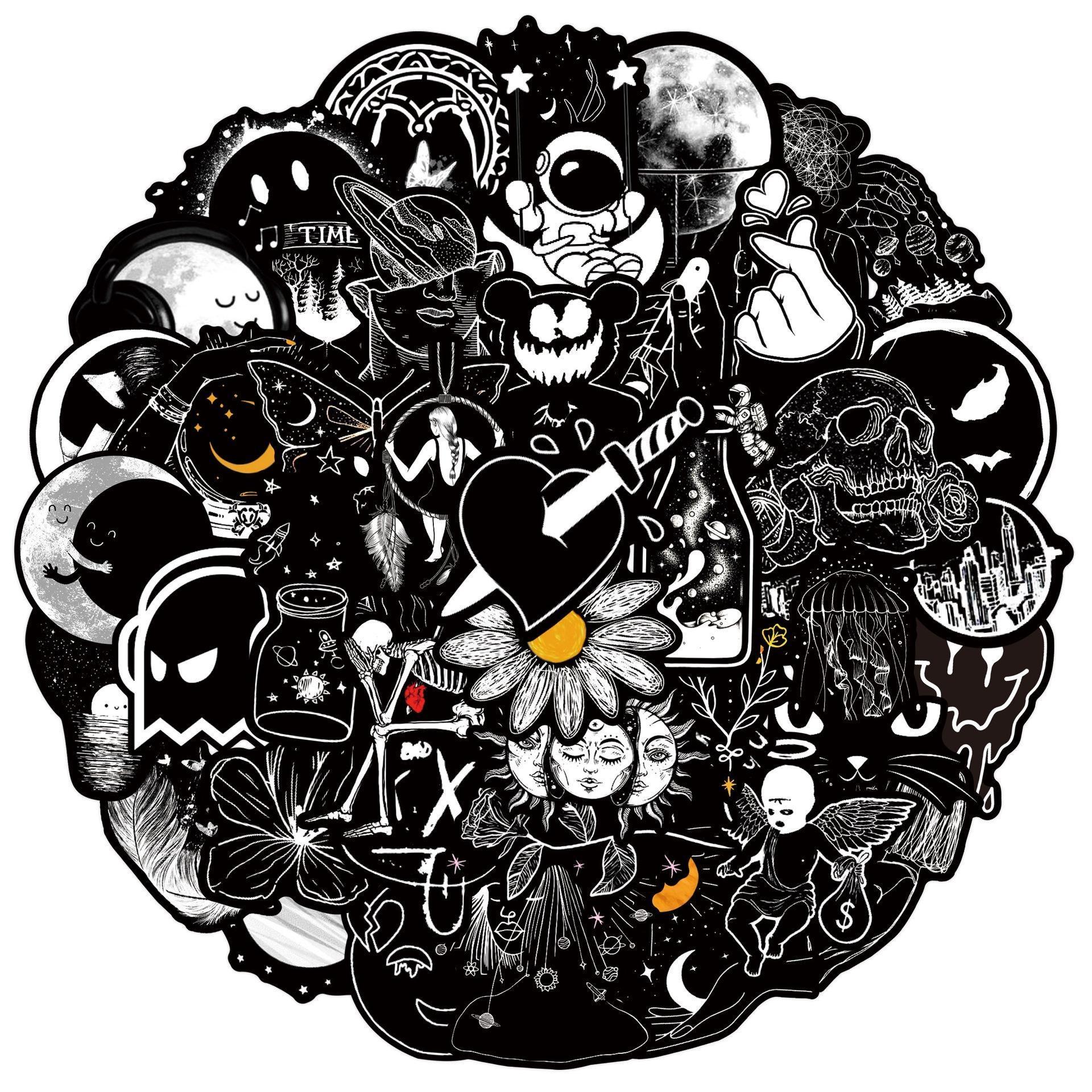 10/50Pcs Black and White Goth Stickers Magic Moonlight Graffiti Stickers for DIY Luggage Laptop Skateboard Motorcycle Bicycle Stickers 10PCS