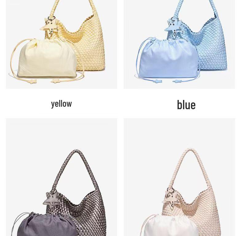 Qiangqiang Champagne Color Handmade Woven Tote: Large Capacity, Lightweight Luxury, Handheld or Shoulder, Mother-Child Bucket Design.