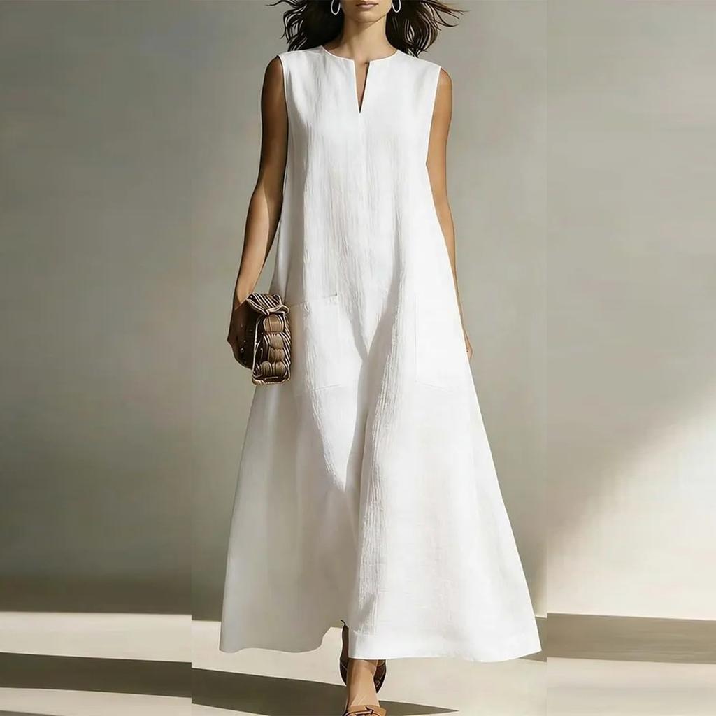 Sleeveless Long Maxi Dress for Women with Pocket Casual Loose Fit Crew Neck Summer Lightweight Sundress