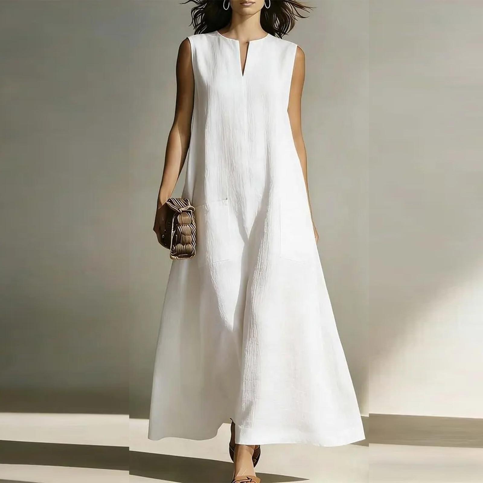 Women s Casual Fashion Sleeveless V-neck A- Line Dress M белый