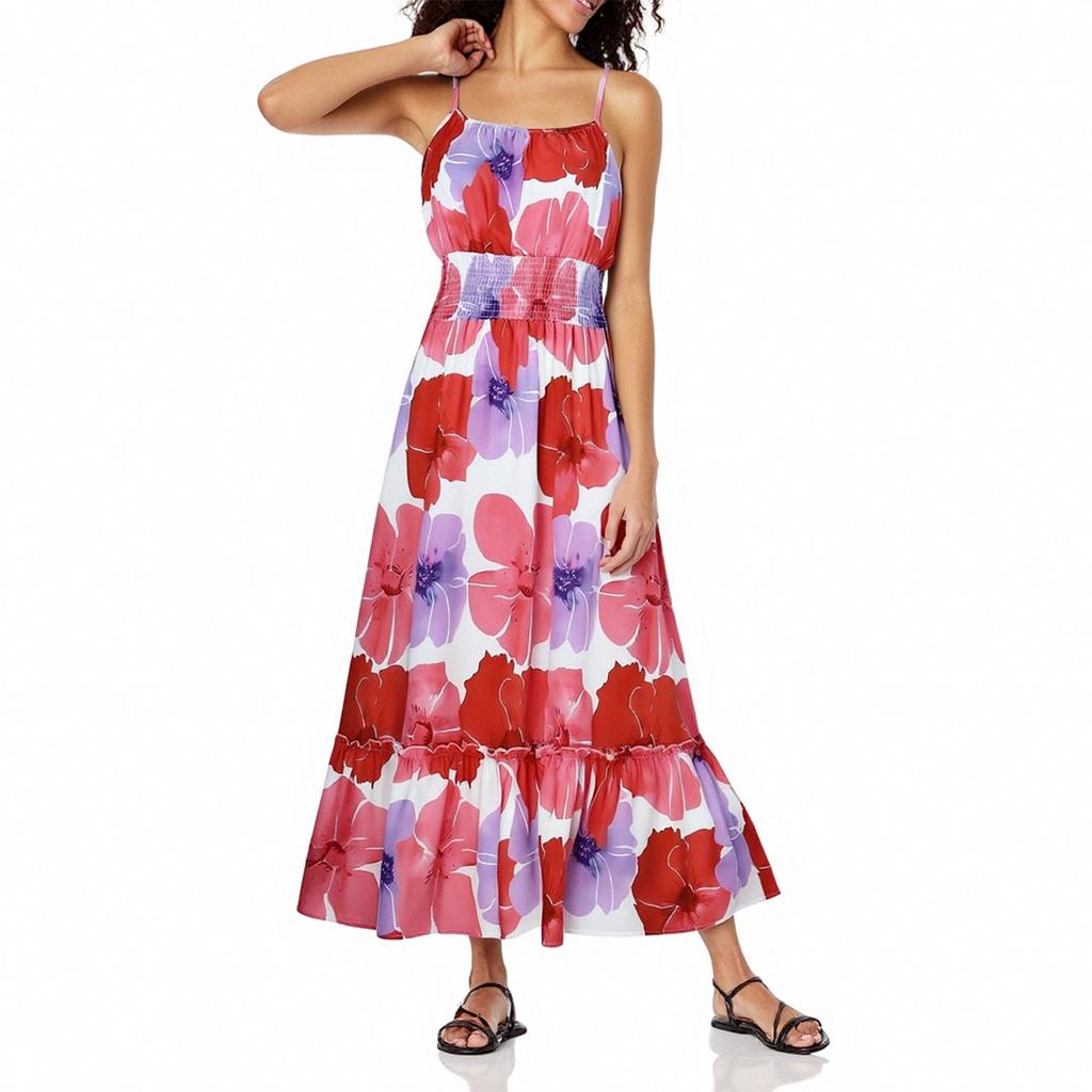 Dámské letní maxi šaty bez rukávů květinový špagetový pásek Smocked Boho Beach dlouhé šaty plážové oblečení na dovolenou