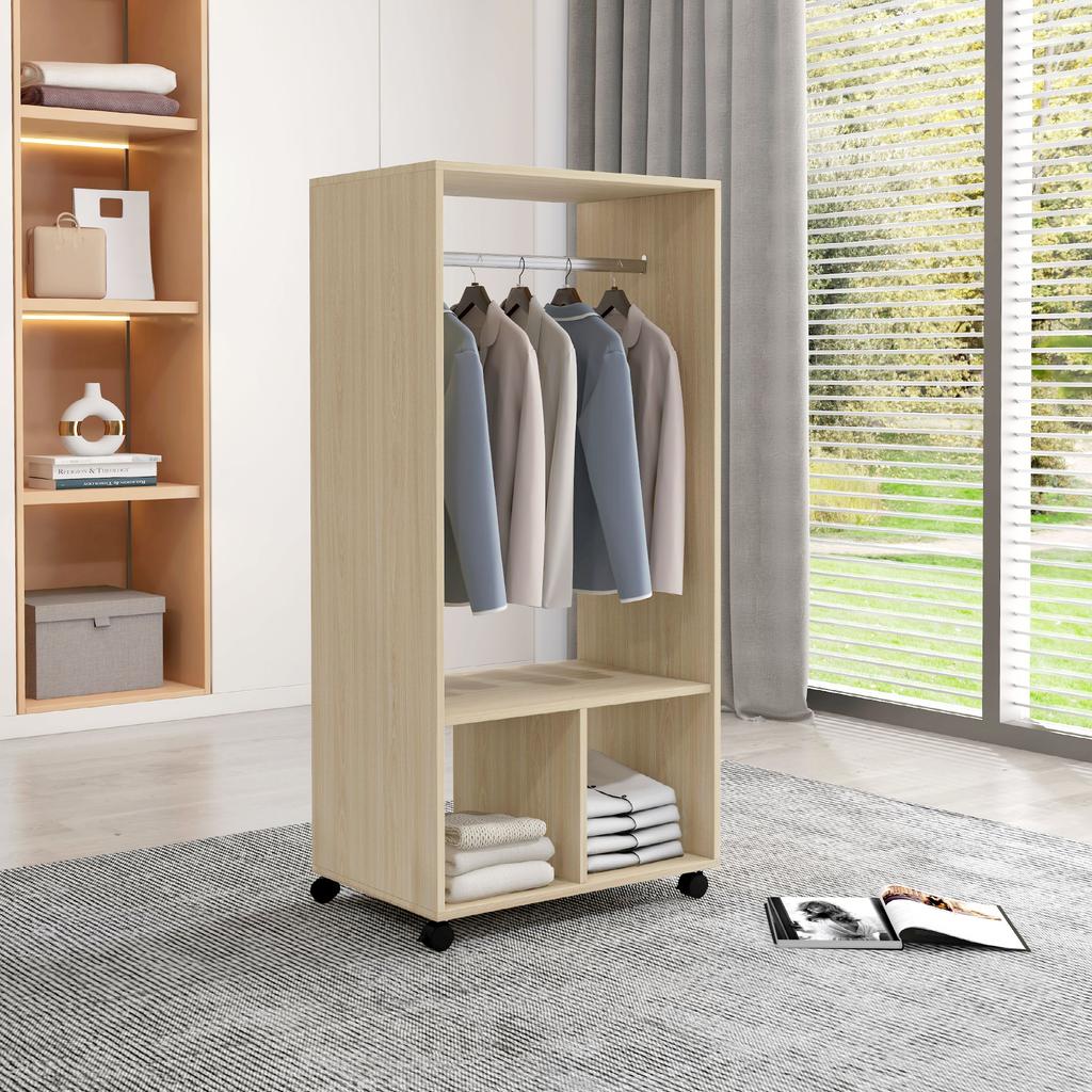 Wardrobe Closet Shelf 2 Compartments Wardrobe 4 Swivel Casters dim. 60L x 40W x 128H cm Natural Wood