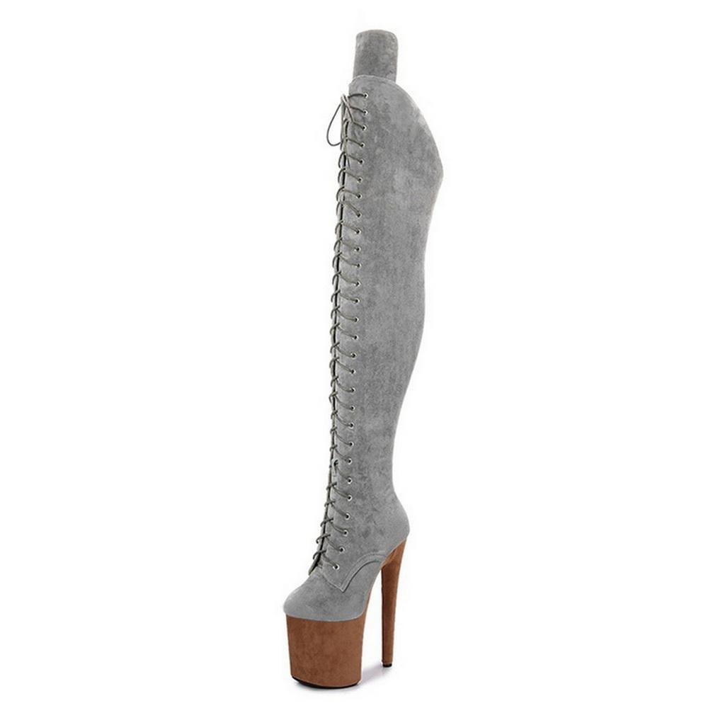 Fashion FHC 20CM Heel Sexy Pole Dancing Shoes,Unisex Flock Thigh High Boots,Round Toe,Women Platform Over The Knee Botas,Grey,Khaki,