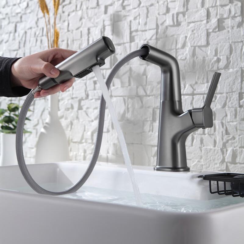 TLXT Gunmetal Grey Wall-Mounted Pull-Out Basin Faucet