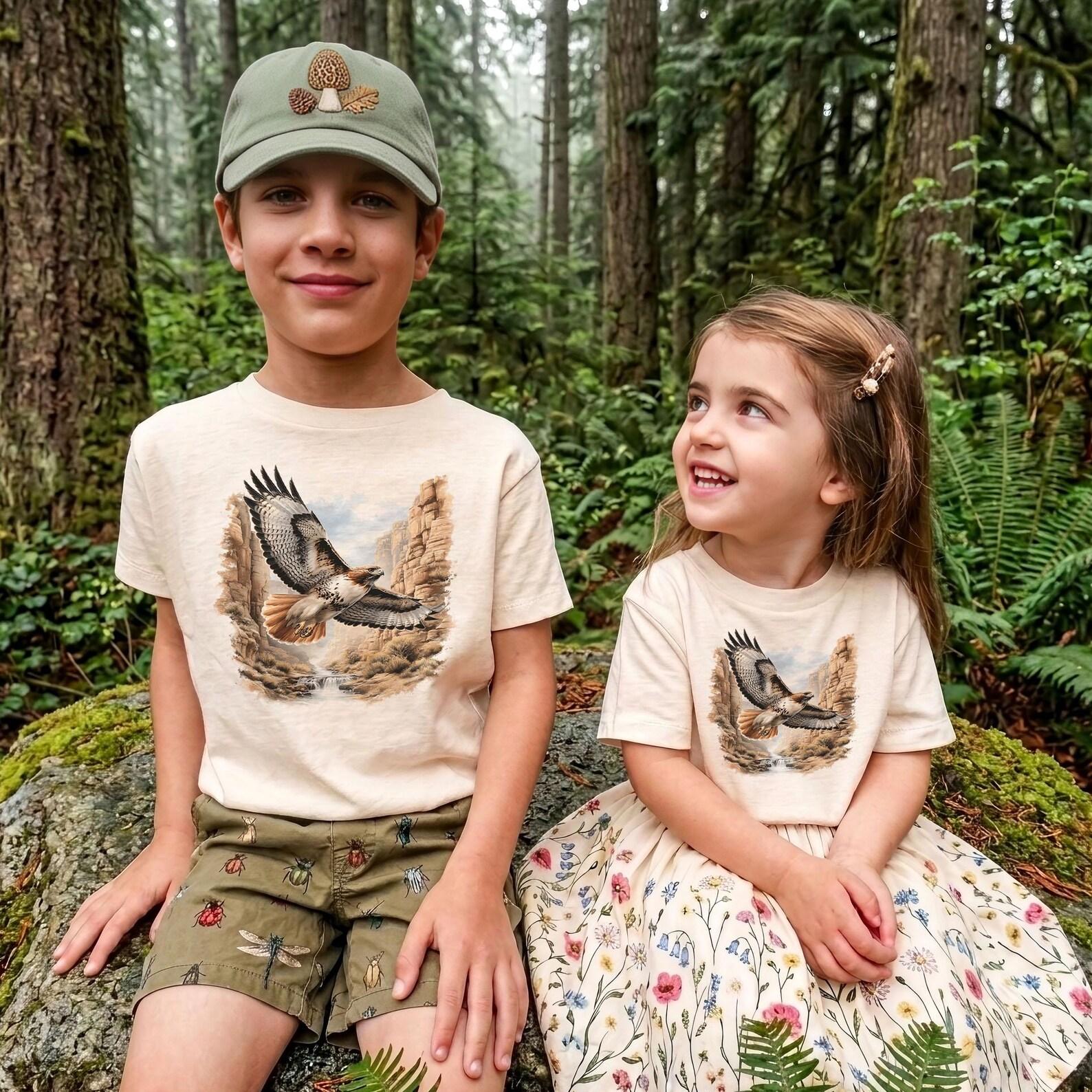 Retro Red-tailed Hawk Soaring In Canyon Birder Gift Unisex Kids Cotton Tee 120