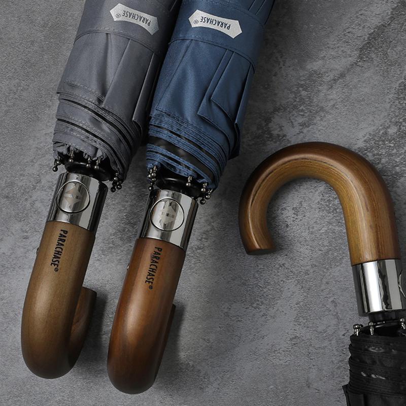 Wooden Folding Umbrella for Men, Sunny and Rainy Umbrella Windproof Strong, Sun Umbrella Wood Handle, 10 Ribs
