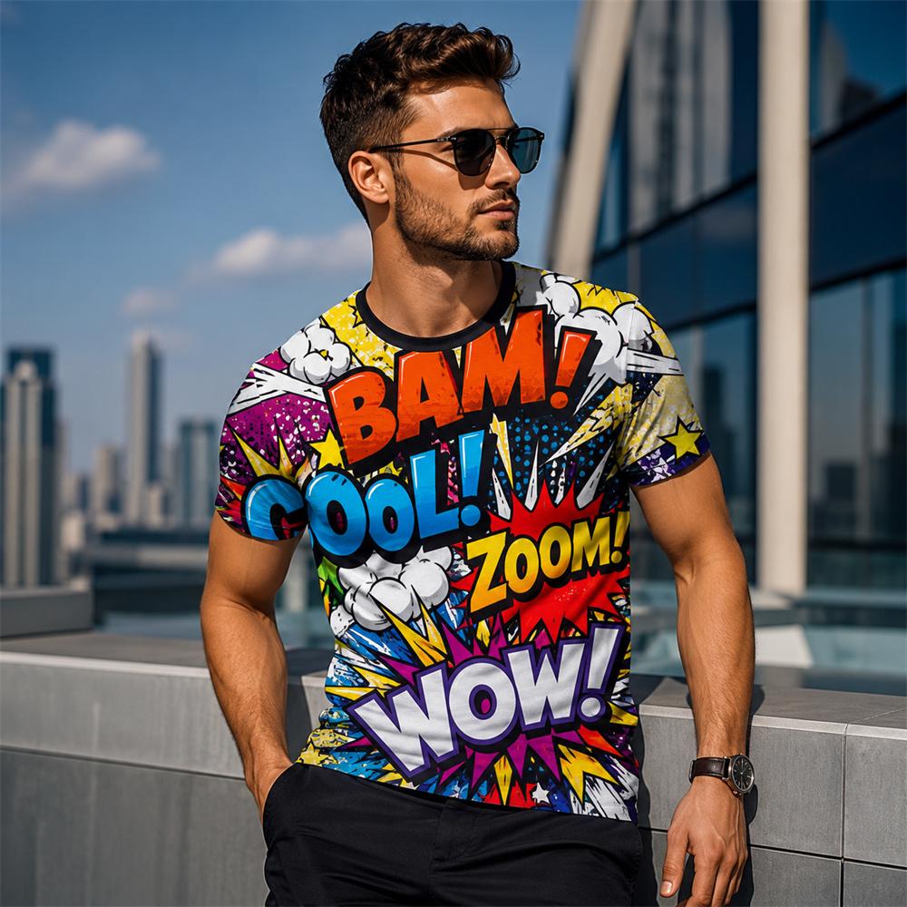 Comic Graphic Print T Shirt For Men Short Sleeve Leisure Streetwear Colorful Pop Art Design Hip Hop Street New Trend Tee Top