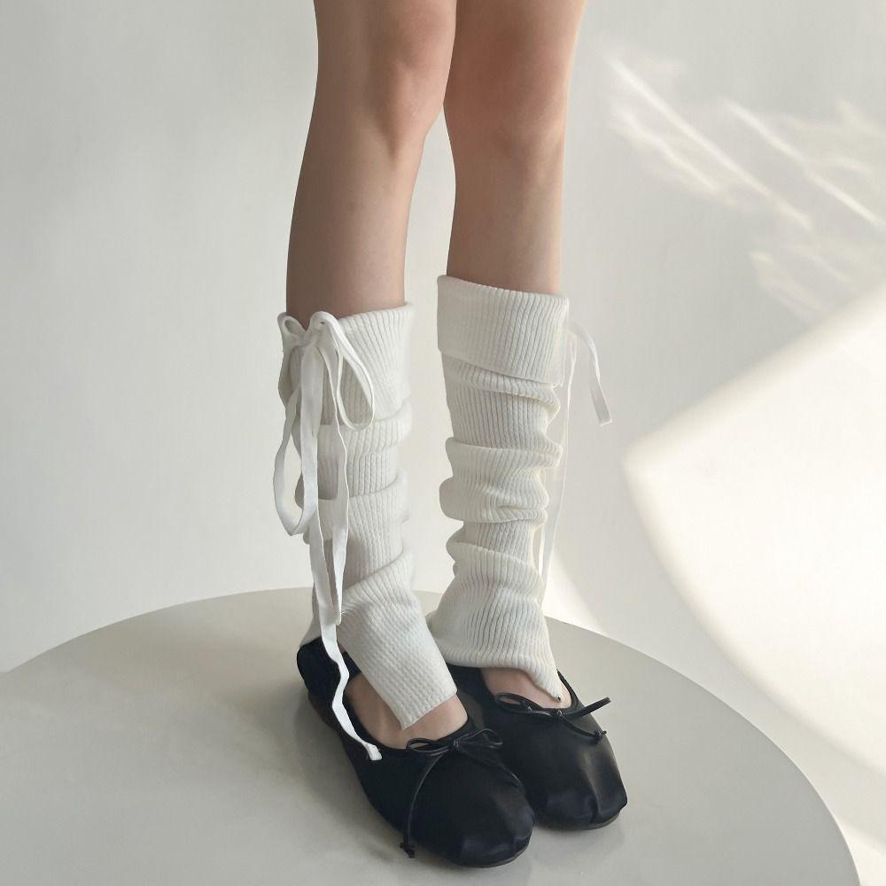 Bow Tie Lace Up Leg Warmers Y2K Knee High Socks Solid Color Women's Stockings Autumn