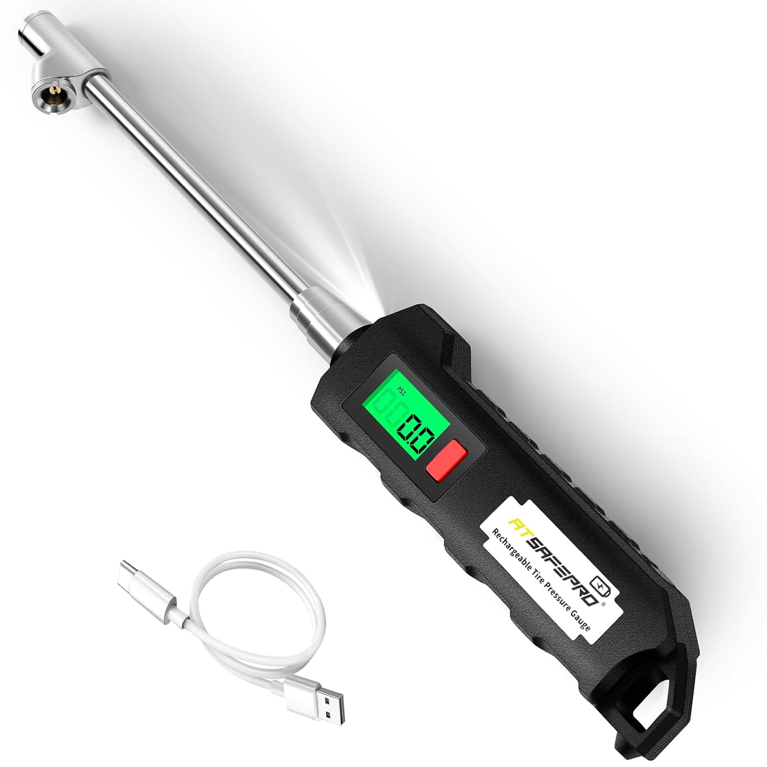 ATsafepro Chrome Plated Steel Dual Head Tire Inflator - 150 PSI, Backlight LCD & Flashlight, Rechargeable for Semi, Truck, RV & Cars Digital Pressure Gauge(gr