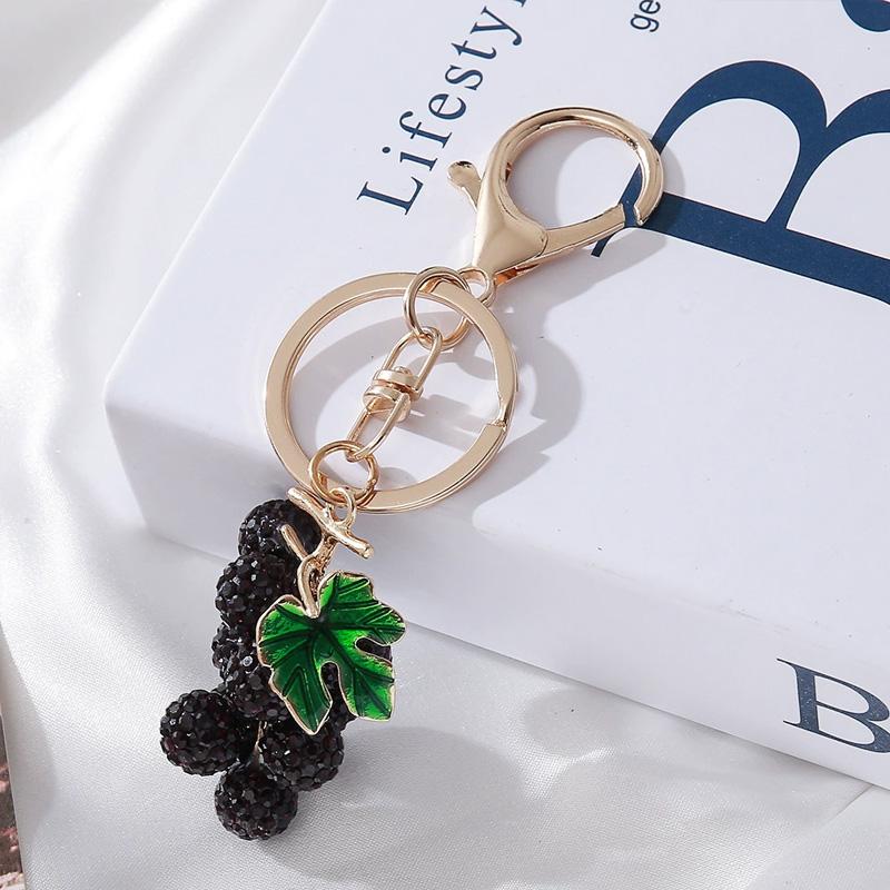 

1 шт. Маленький кулон с листьями Виноград Брелок для женщин девочек Полностью стразы Милый брелок для ключей автомобиля Подвеска для сумки Имитация фруктов темно-фиолетового