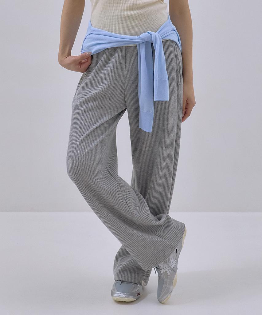 Sayu Soft Waffle Curved Elastic Waist Pants Melange Gray