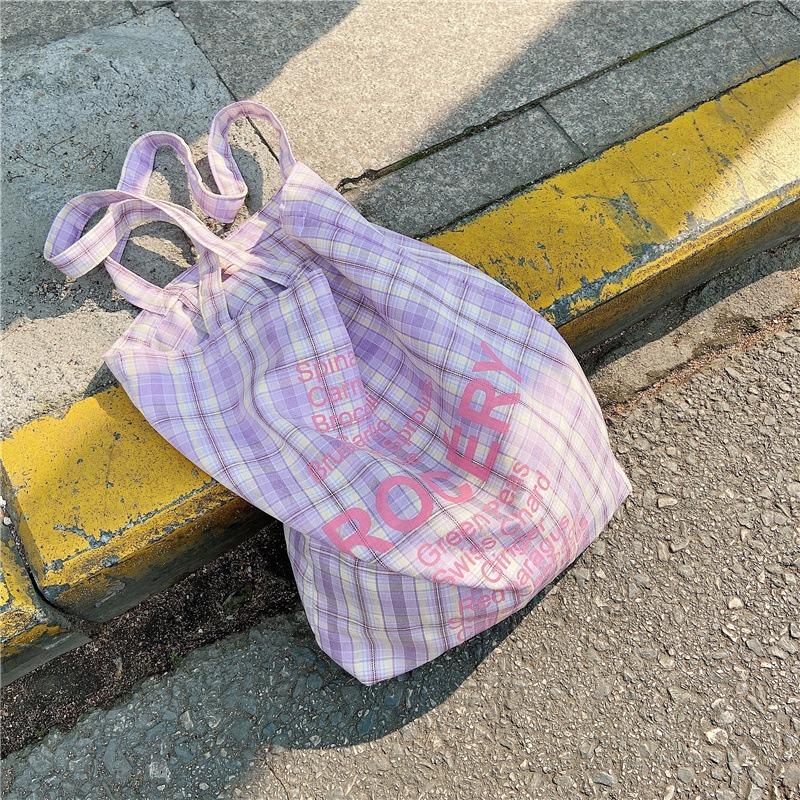 

31 Canvas Bag Sweet Girl Plaid Shoulder Bag Student Style Portable Shopping Bag Tide