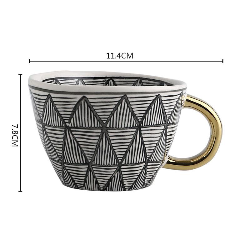 American Irregular Geometric Ceramic Coffee Cup with Gold Plated Handle Black and White Pattern Milk Tea Cup Home Accessories