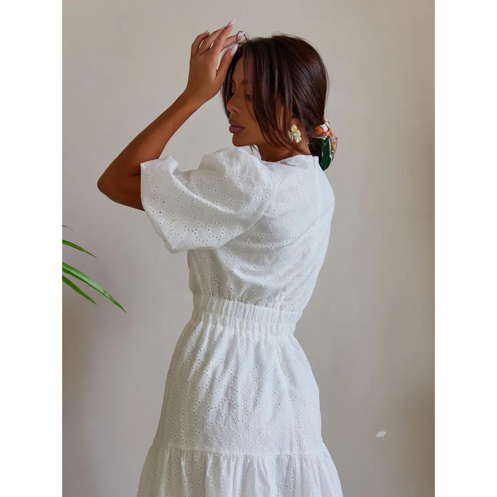 French V-neck Elegant Coffee Break Dress For Women With Hollow Design