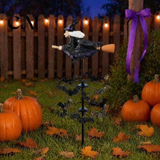 Halloween Outdoor Path Decor Witch Garden Wind Spinner, Resin Statue Stake, Spooky Bats Whimsical And Spinner for Yard Art Lawn Pathway Metal Catchers