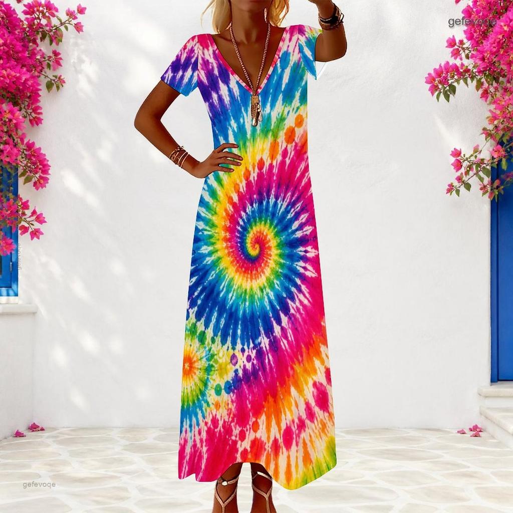 Women Plus Size V Neck Short Sleeve Abstract Leaf Print Long Dress