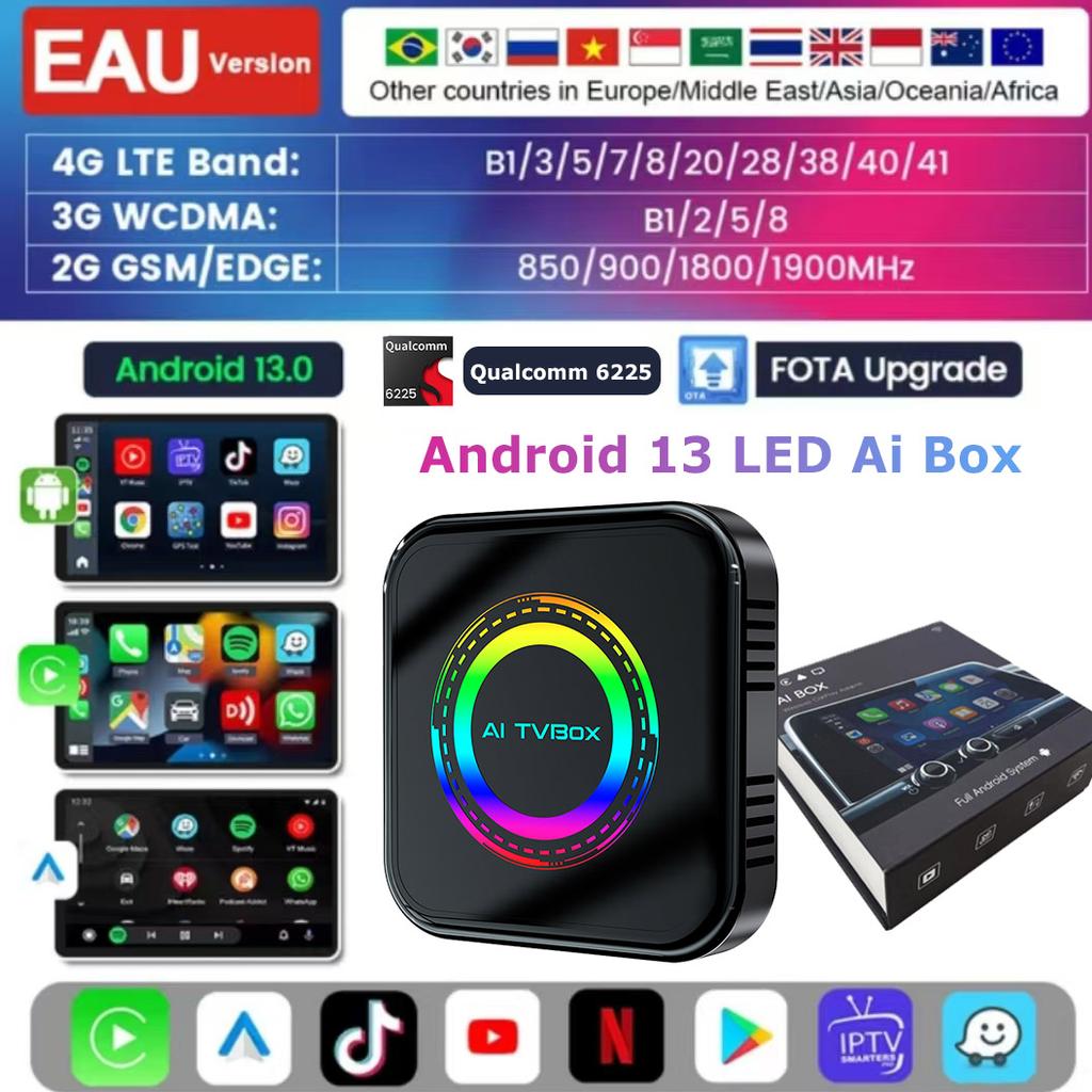 Android 13 QCM6225 Wireless Carplay LED TV Box Wireless Android Auto 8G 128G Ai Box Smart Video Adapter For IPTV Netflix Youtube
